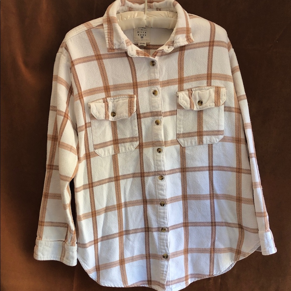 Billabong White and Tan Plaid Button-Up Shirt